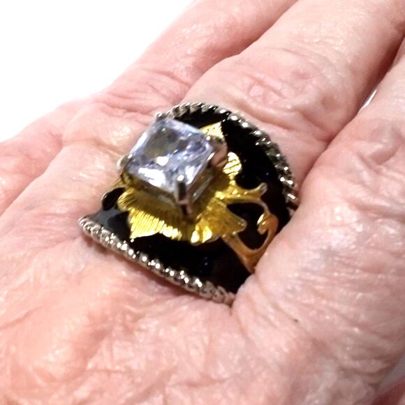 Black Enamel Square Cut Crystal Solitaire Fashion Statement Ring Size 7 3/4 - Picture 5 of 6